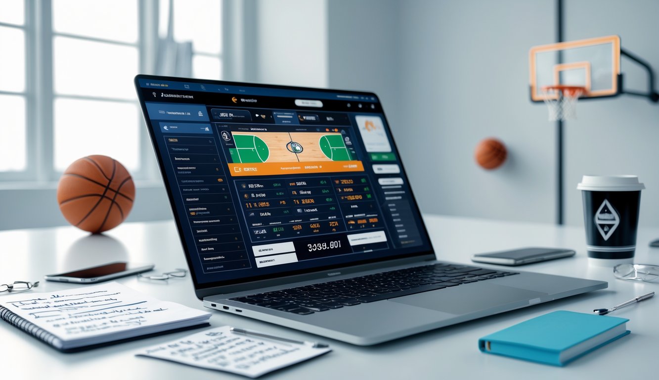 Meja kerja modern dengan laptop yang menampilkan tampilan taruhan bola basket online, notepad strategi taruhan, ponsel dengan notifikasi bonus, dan bola basket kecil di latar belakang.