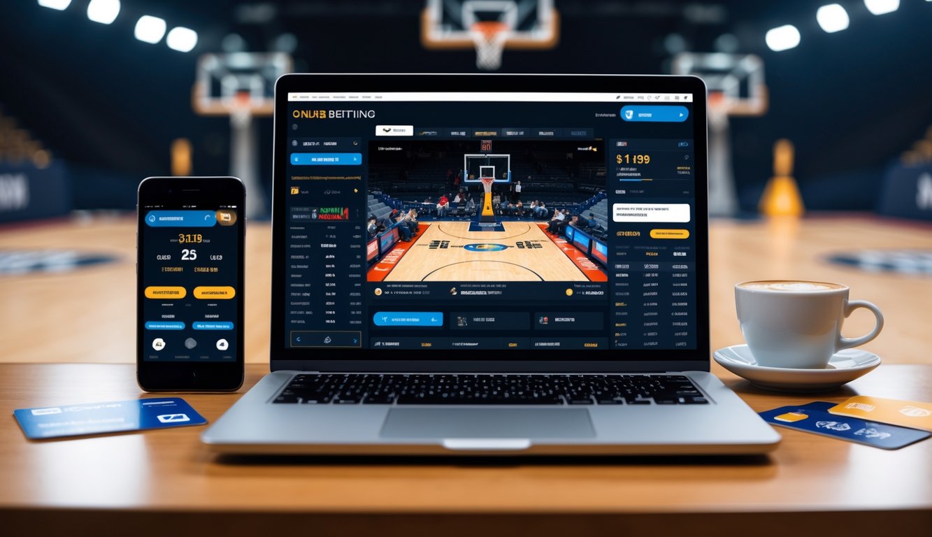 Seorang pria menggunakan laptop dengan tampilan pertandingan bola basket dan aplikasi taruhan di meja kerja.