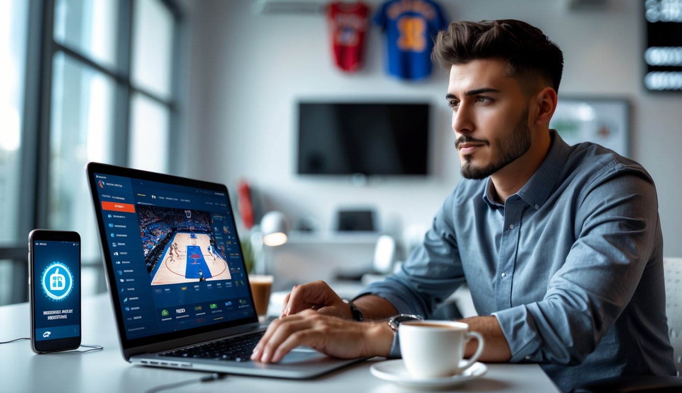 Seorang pria muda duduk di meja kantor modern menggunakan laptop dengan pertandingan basket di layar, menunjukkan suasana taruhan online yang aman dan transaksi cepat.