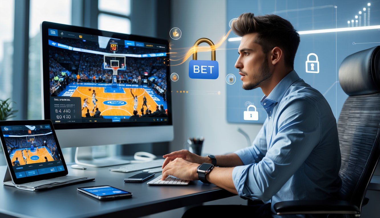 Seorang pria muda duduk di meja kantor modern sambil melihat layar komputer yang menampilkan pertandingan basket dan aplikasi taruhan di perangkat lain.