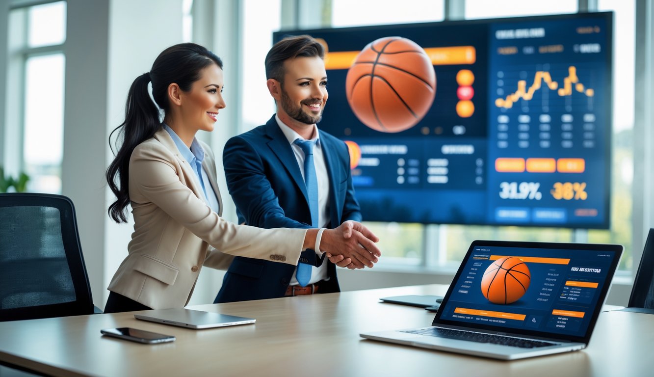 Dua profesional bisnis berjabat tangan di kantor modern dengan layar digital menampilkan gambar dan data bola basket.