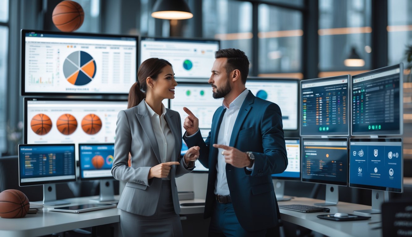 Dua orang profesional sedang berdiskusi di kantor dengan layar komputer yang menampilkan data dan statistik pertandingan bola basket.