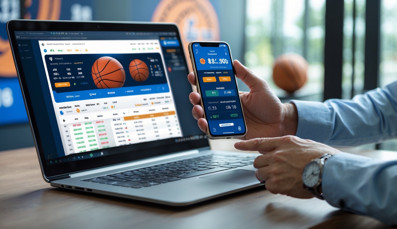 Seorang pria fokus menggunakan laptop dan ponsel di meja kerja dengan tampilan statistik dan aplikasi taruhan basket.