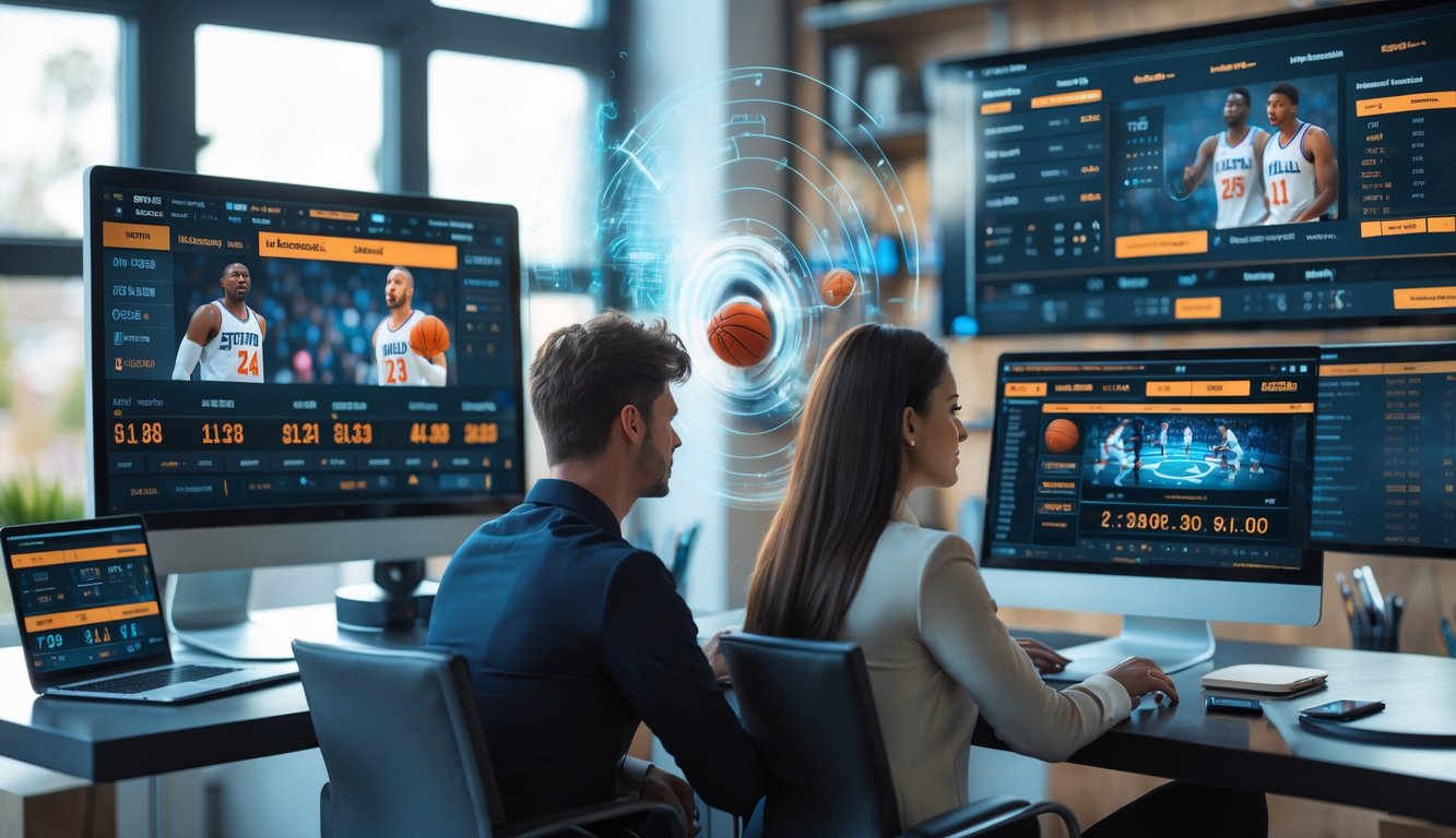 Dua orang sedang menggunakan komputer dan ponsel untuk bertaruh pada pertandingan bola basket secara online di sebuah ruang kerja modern.