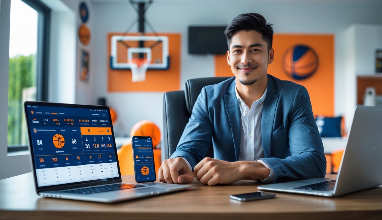 Seorang pria muda duduk di meja dengan laptop dan ponsel yang menampilkan statistik pertandingan bola basket, di ruang kerja modern dengan dekorasi bertema bola basket.