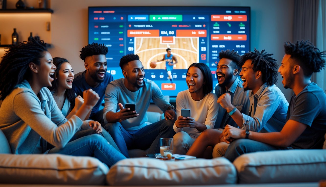 Sekelompok orang muda yang antusias menonton pertandingan bola basket di layar besar sambil menggunakan aplikasi taruhan di ponsel mereka.