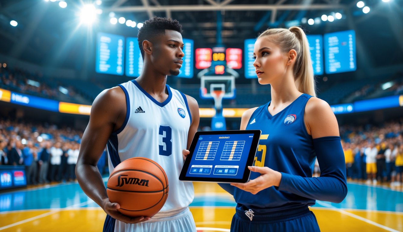 Dua pemain basket profesional berdiri di lapangan dalam suasana kompetitif dengan papan skor digital di latar belakang.