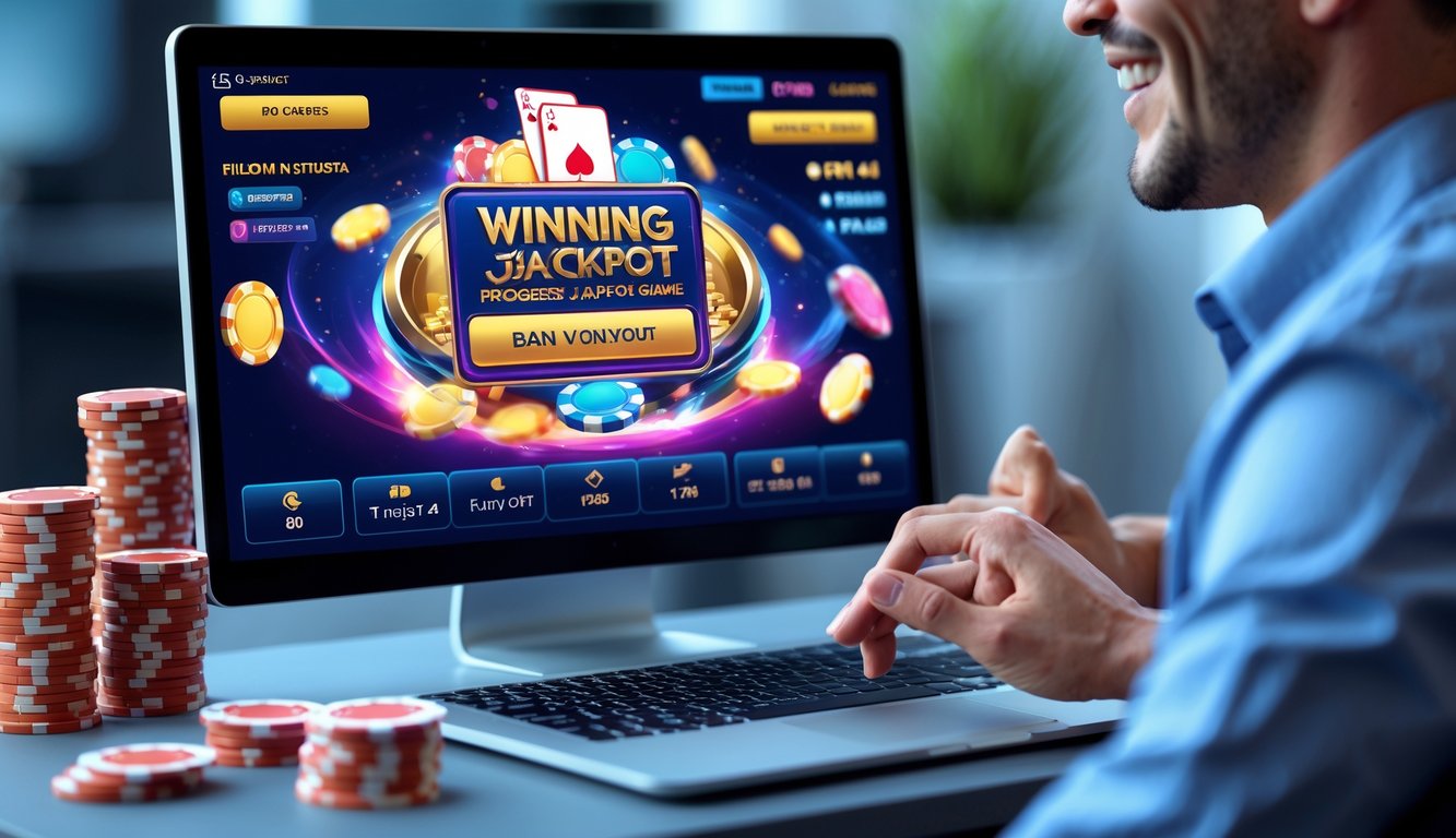 Seorang pemain dewasa sedang bermain permainan kartu online di komputer dengan suasana yang cerah dan modern, menunjukkan antusiasme dan fokus pada layar permainan.