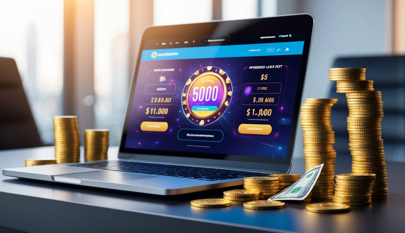 Seorang pengguna duduk di depan komputer dengan tampilan situs judi online yang menampilkan jackpot progresif dan simbol kemenangan seperti chip kasino dan kartu remi di sekitarnya.