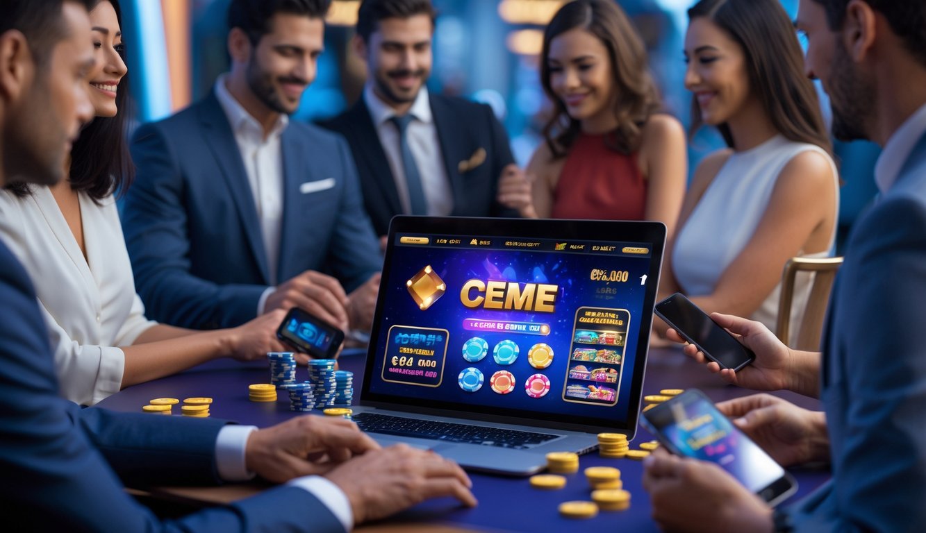 Beberapa orang dewasa bermain judi online menggunakan laptop dan ponsel di suasana yang nyaman dan mewah.