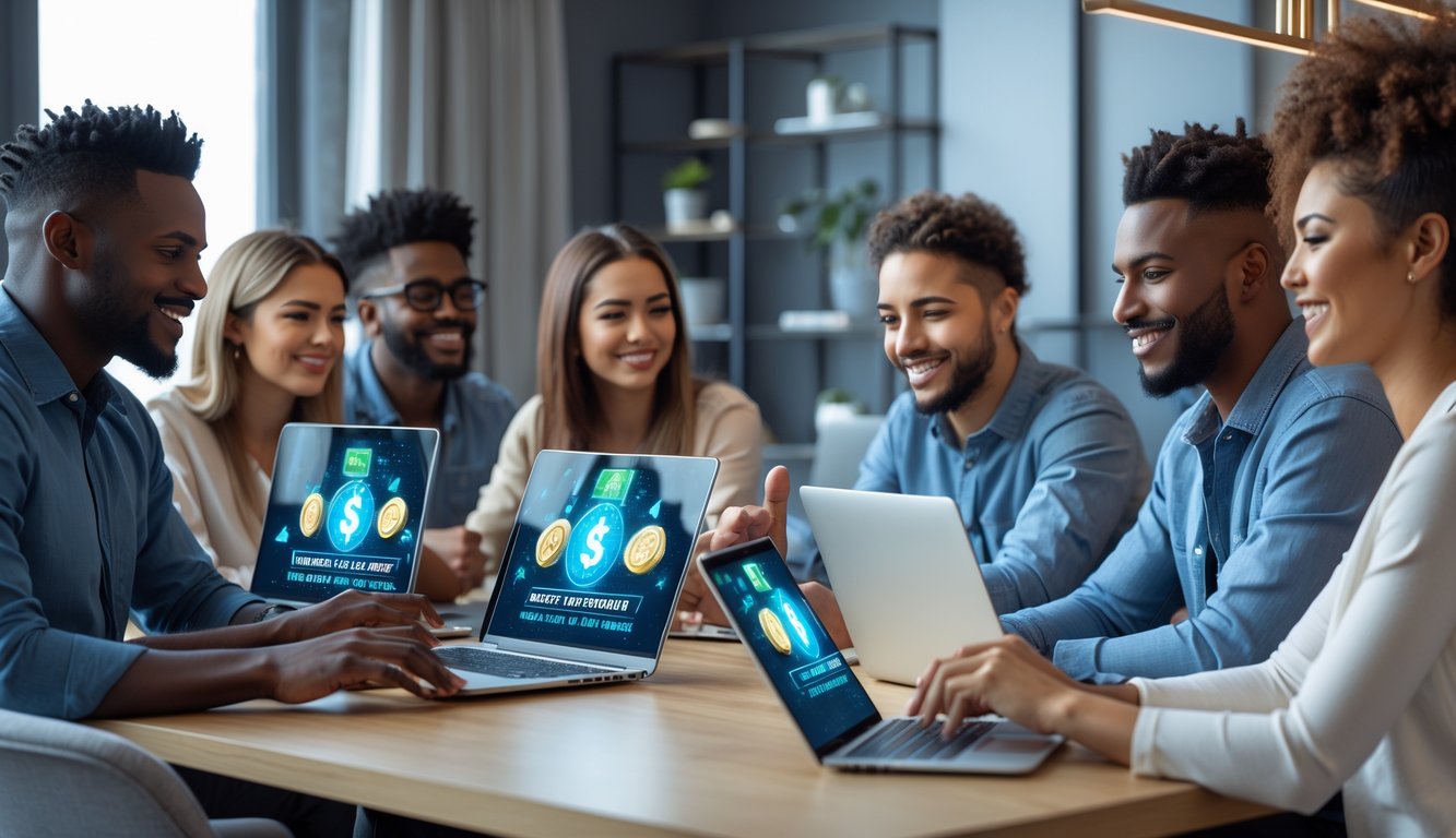 Sekelompok orang sedang bermain judi online dengan laptop dan ponsel di ruangan modern yang terang dan nyaman.