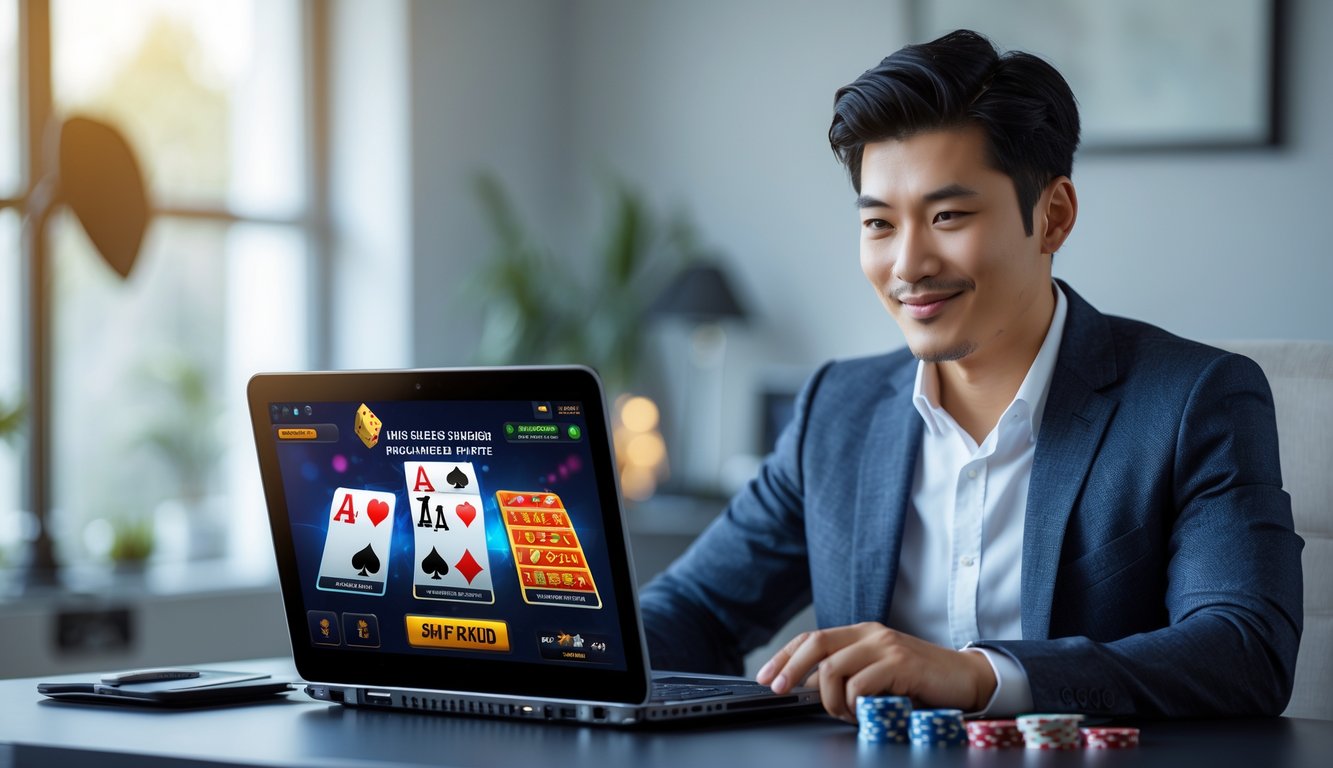 Seorang pria muda duduk di depan laptop di ruang kerja rumah yang terang, bermain permainan kartu online dengan ekspresi percaya diri dan senyum ringan.