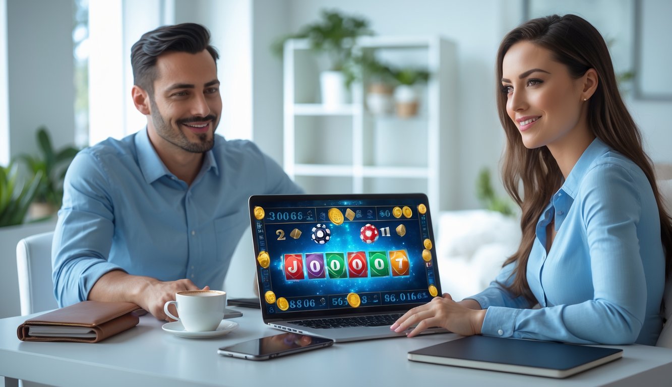 Seorang pria dan wanita duduk di meja modern menggunakan laptop untuk bermain judi online dengan suasana ruangan yang terang dan nyaman.