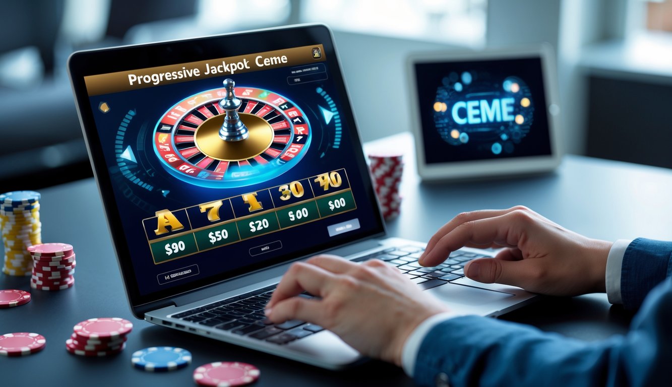 Seorang pengguna laptop sedang bermain judi online dengan tampilan jackpot progresif dan simbol kartu serta chip di sekitarnya.