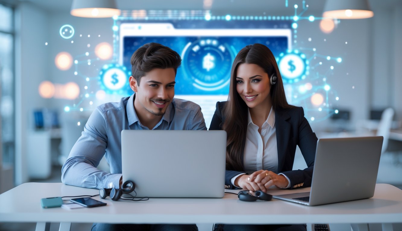 Dua orang sedang duduk di meja kerja dengan laptop, fokus pada layar yang menampilkan permainan judi online dengan elemen jackpot progresif.