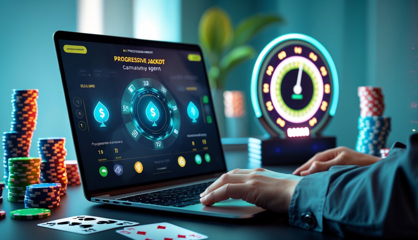 Seorang pemain menggunakan komputer dengan tampilan permainan kartu online dan chip poker di meja, menunjukkan suasana permainan judi progresif.