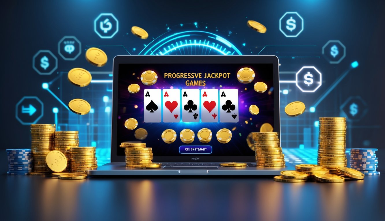 Seorang pemain sedang menggunakan laptop dengan tampilan permainan kartu online dan tumpukan chip serta koin di sekitarnya, menggambarkan suasana permainan judi online dengan jackpot progresif.