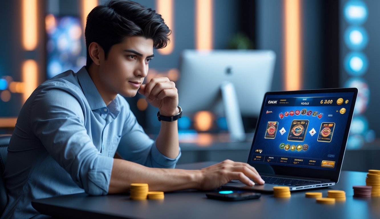 Seorang pria muda duduk di depan laptop dengan tampilan permainan kartu digital, di ruangan modern yang terang dan rapi.