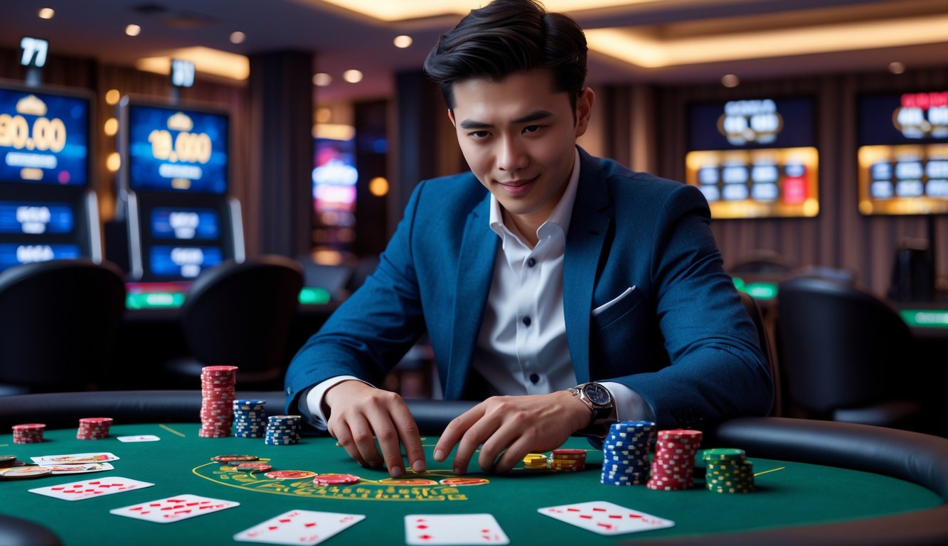 Seorang pria muda duduk di meja permainan kartu Ceme, fokus bermain dengan chip dan kartu di depan, di dalam ruangan kasino modern.