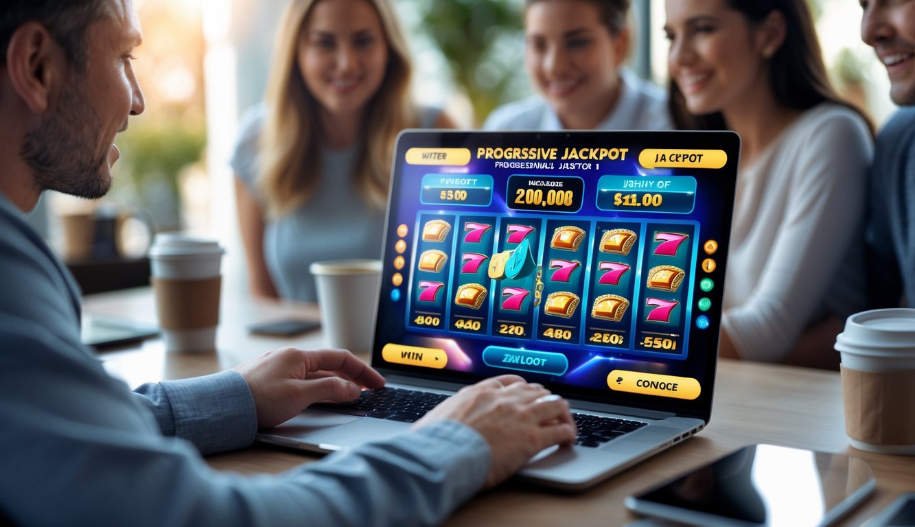 Orang-orang bermain permainan judi online dengan komputer dan suasana nyaman di rumah.