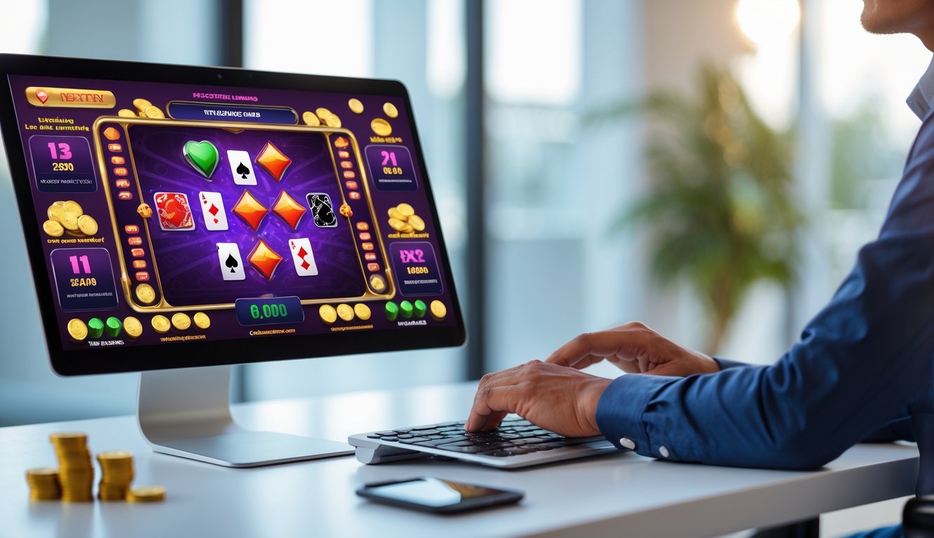 Seseorang menggunakan komputer dengan tampilan permainan judi online Ceme dan simbol jackpot progresif di latar belakang.