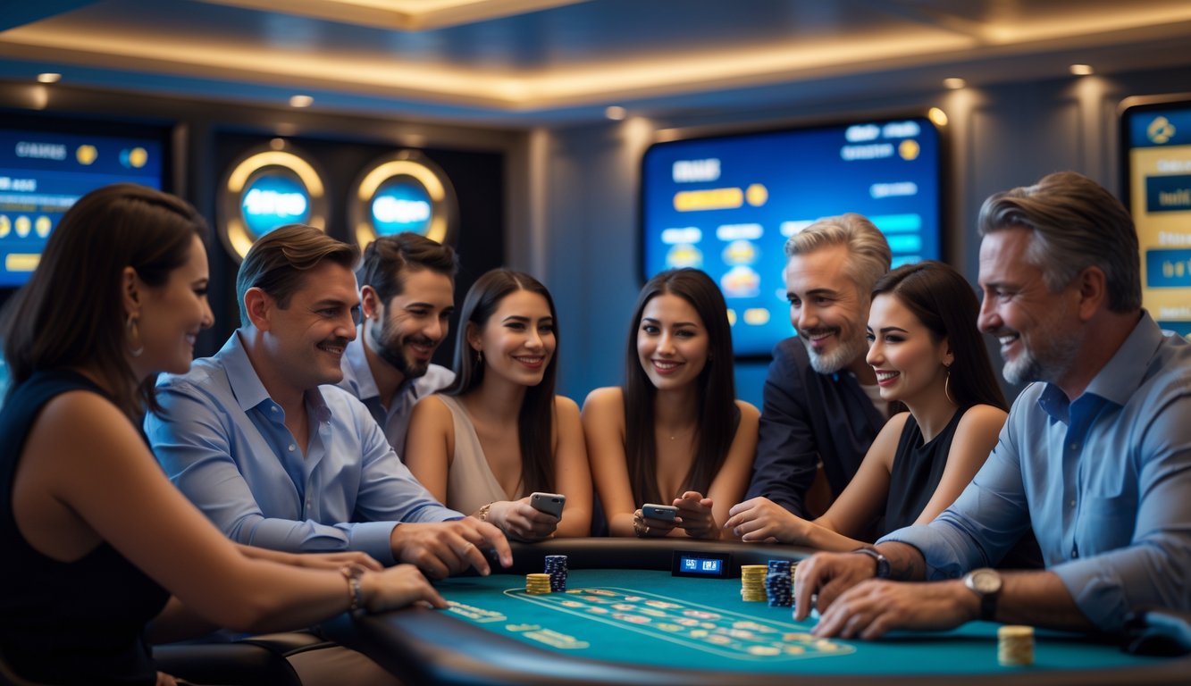 Sekelompok orang dewasa sedang bermain game di meja digital dalam suasana lounge modern yang nyaman dan aman.