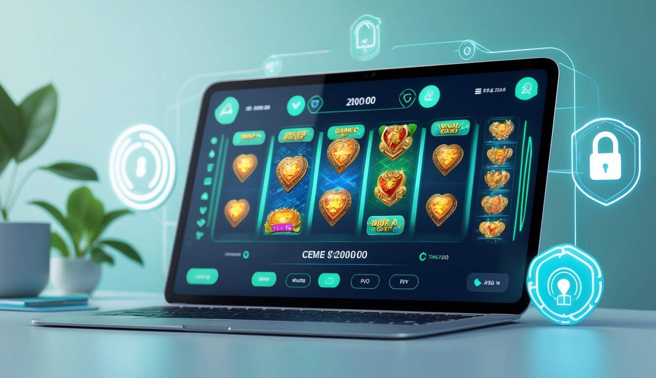 Suasana bermain judi online Ceme dengan tampilan layar perangkat digital yang menampilkan permainan dan simbol keamanan.