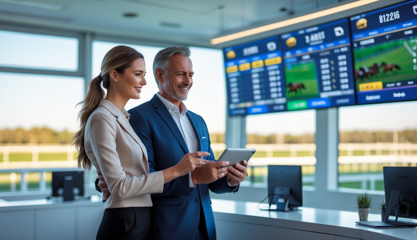 Dua orang dewasa berdiri bersama di kantor taruhan balap kuda dengan layar digital menampilkan balapan dan peluang taruhan, tampak percaya diri dan senang.