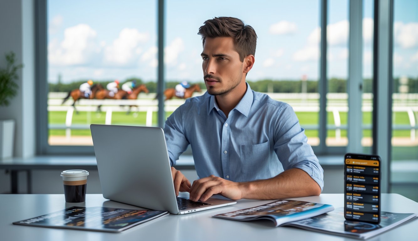 Seorang pria muda duduk di meja dengan laptop, melihat informasi tentang balap kuda, di latar belakang terlihat lintasan balap kuda dengan beberapa kuda yang sedang berlari.