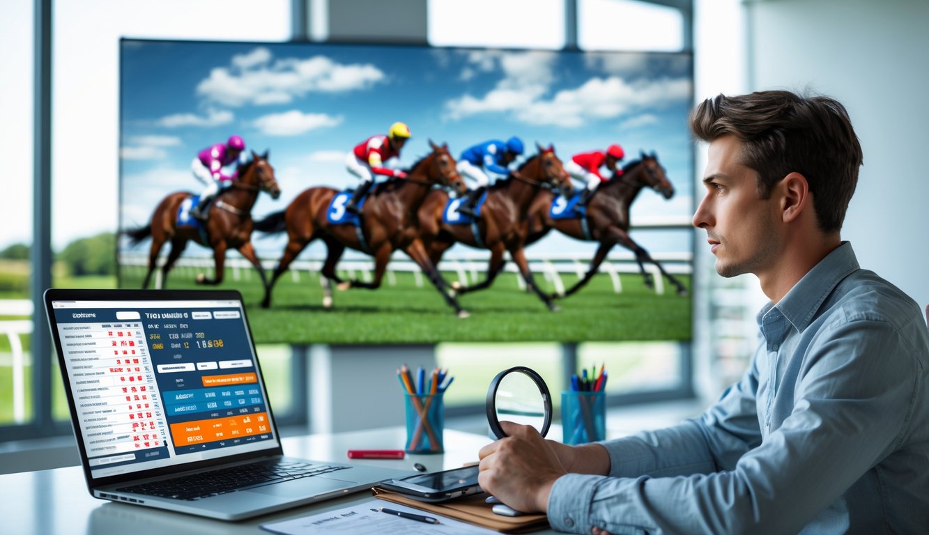 Seorang dewasa muda duduk di meja dengan laptop yang menampilkan data balap kuda, di latar belakang layar besar menampilkan balapan kuda yang sedang berlangsung.