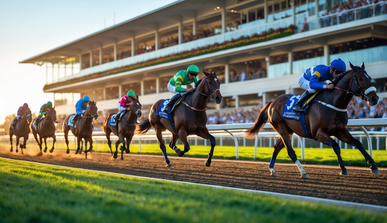 Beberapa kuda pacuan berlari cepat di lintasan dengan joki mengenakan pakaian berwarna-warni, penonton di tribun, dan langit cerah.