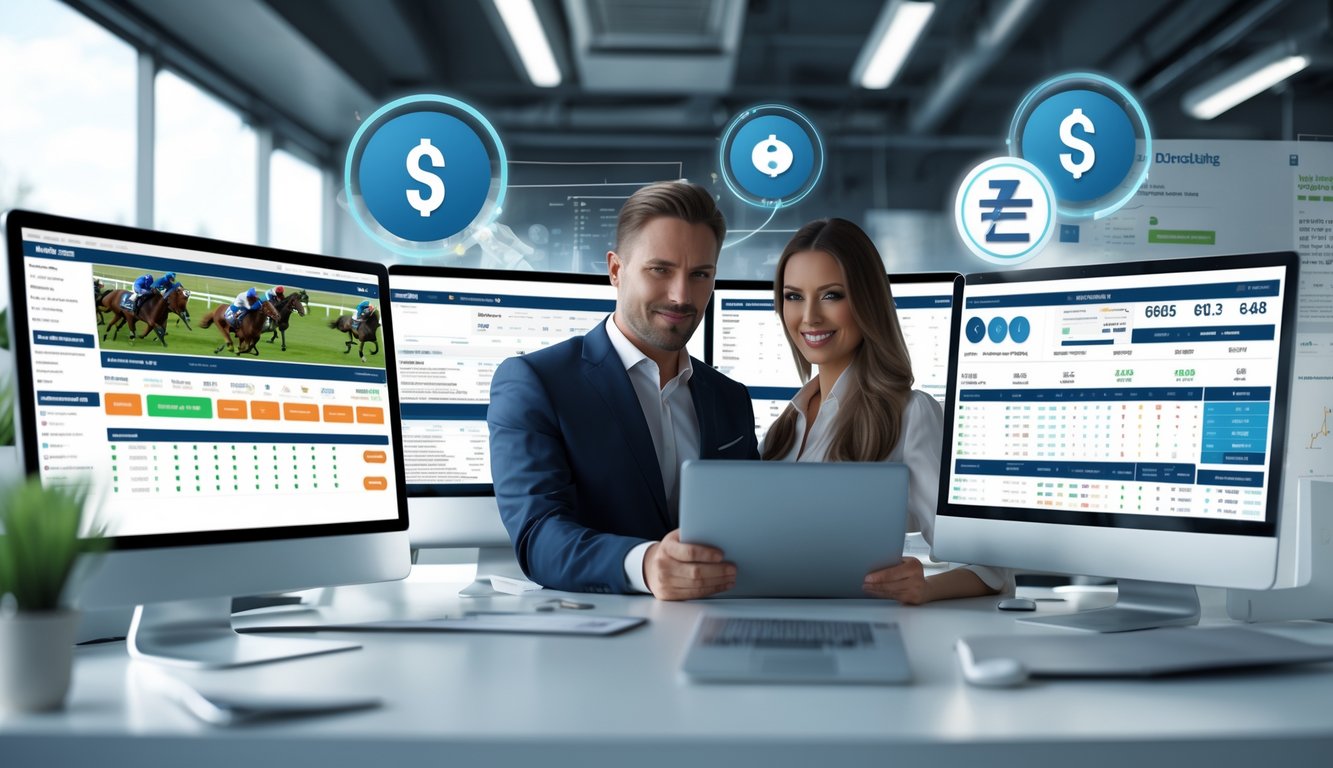 Seorang pria dan wanita berpakaian rapi sedang melihat data balap kuda dan informasi taruhan di layar digital di kantor modern.