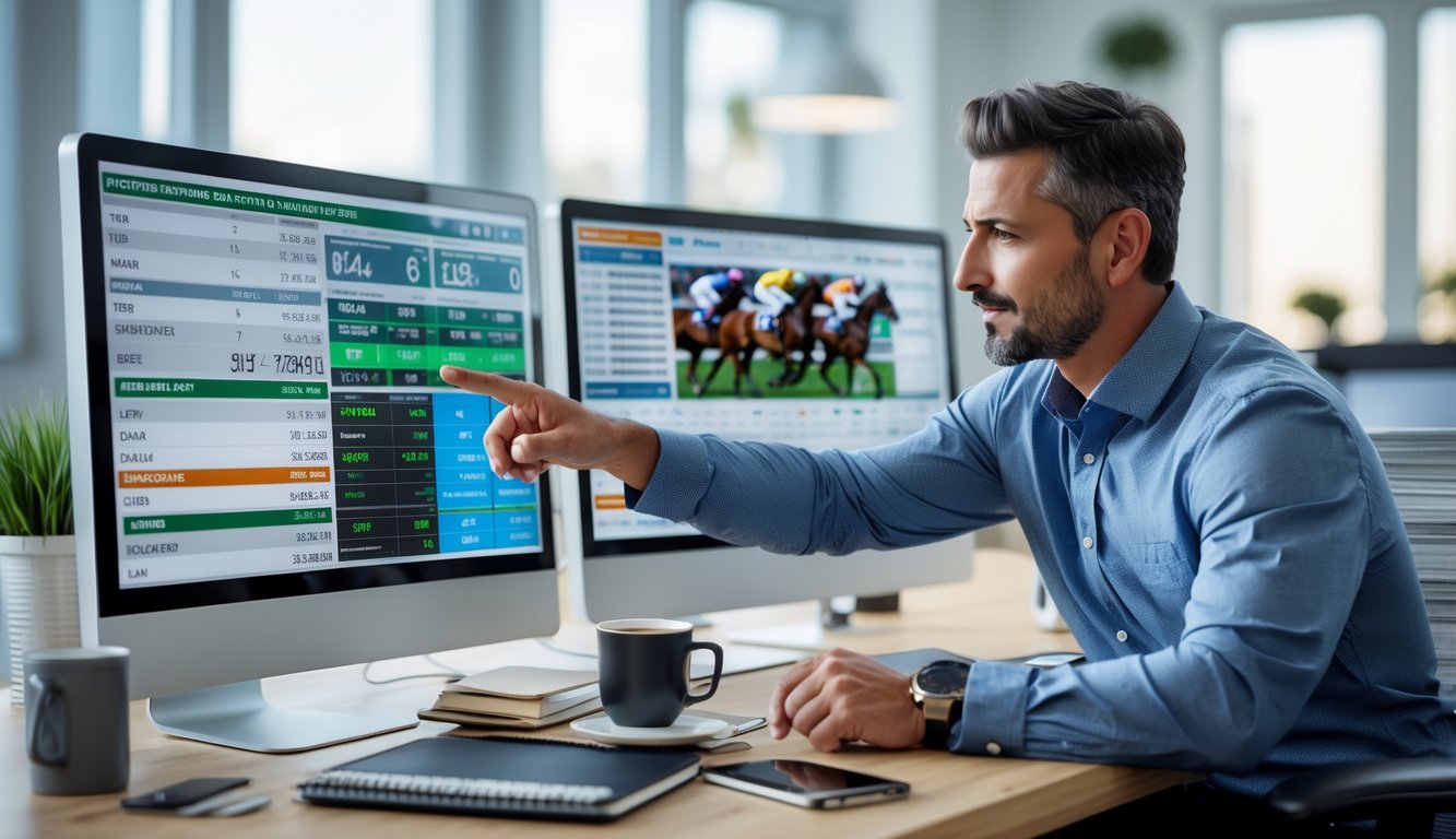 Seorang pria sedang menganalisis data balap kuda di depan beberapa layar komputer di kantor yang terang dan rapi.