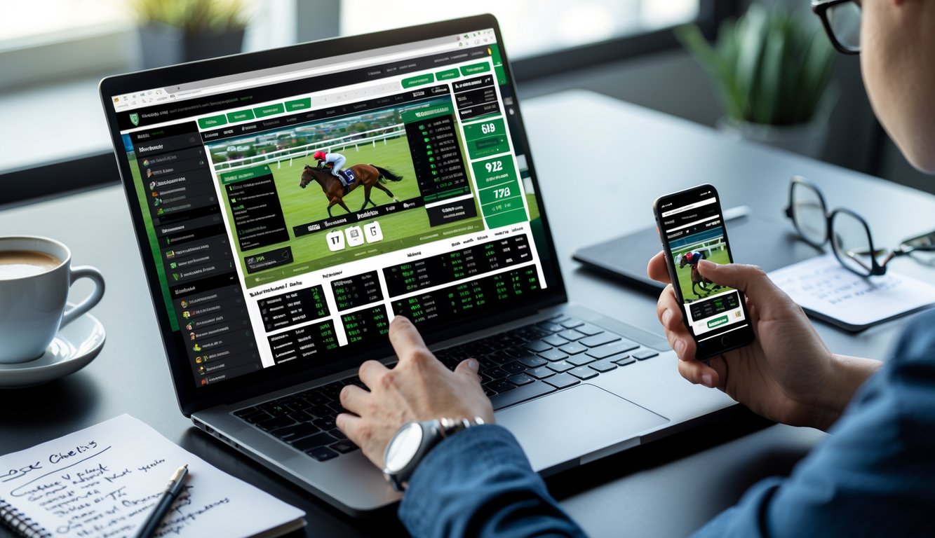 Meja kerja dengan laptop dan ponsel yang menampilkan aplikasi taruhan balap kuda, dengan catatan strategi dan cangkir kopi di sampingnya.