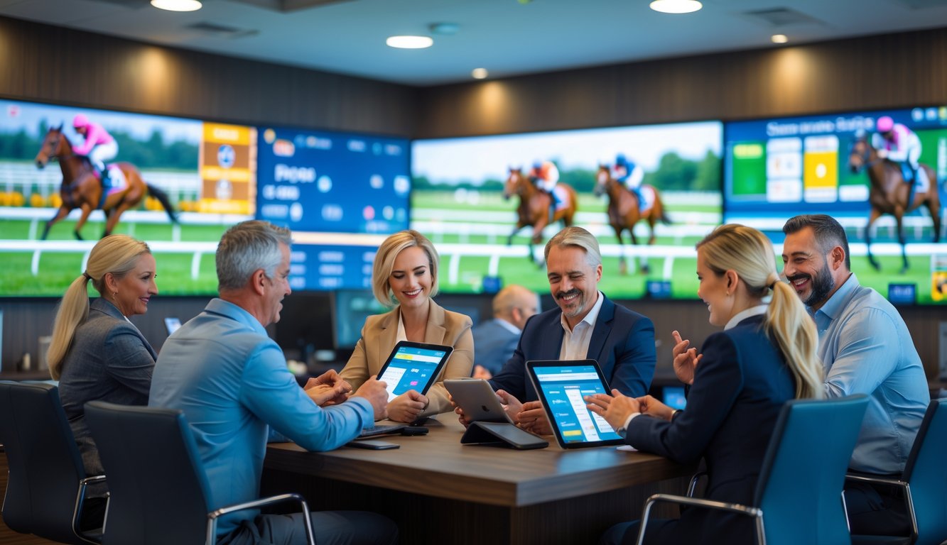 Beberapa orang dewasa sedang memasang taruhan balap kuda menggunakan perangkat digital di sebuah kantor taruhan modern dengan layar besar menampilkan balapan kuda secara langsung.