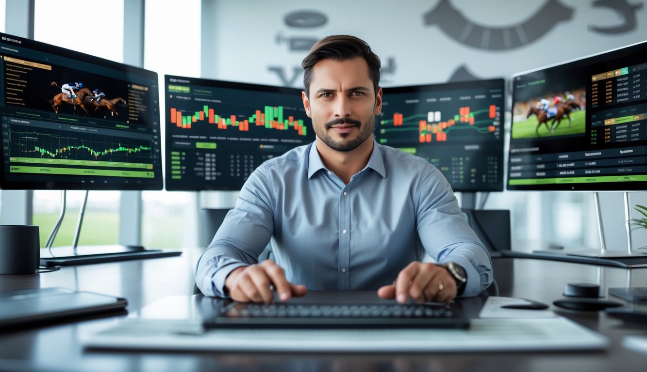 Seorang pria bisnis sedang menganalisis data balap kuda di depan beberapa layar digital di kantor modern.