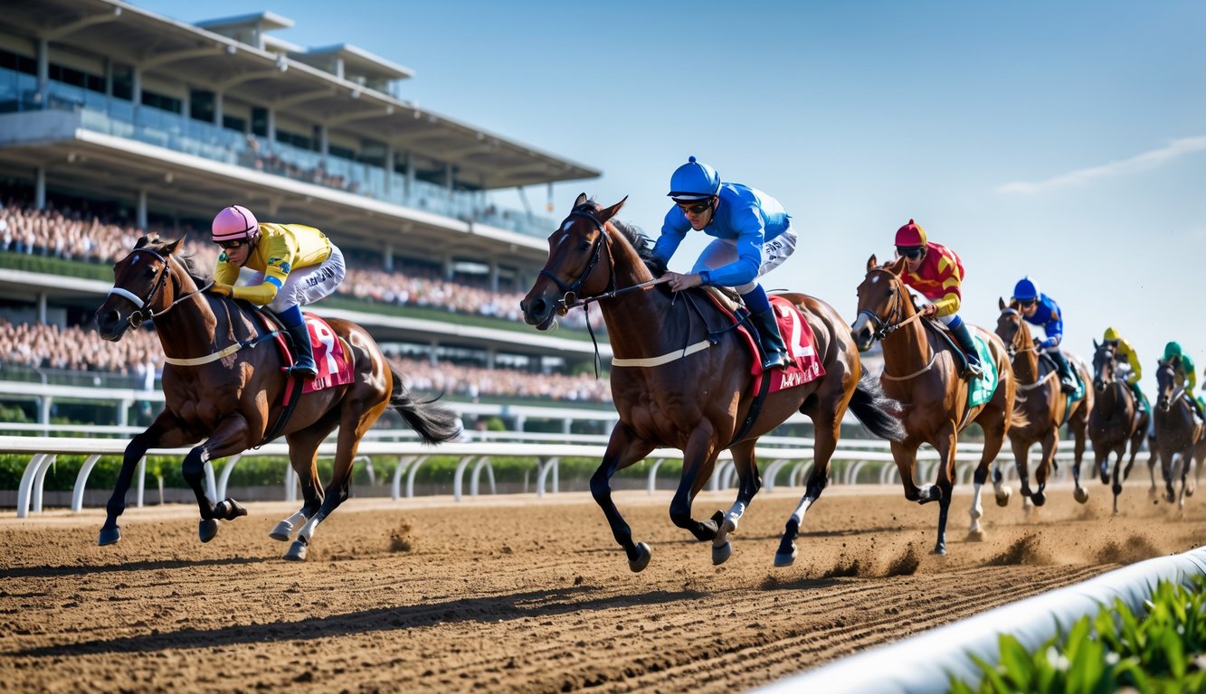 Beberapa kuda pacuan dengan joki berwarna-warni sedang berlomba di lintasan pacuan dengan penonton di tribun yang sedang bersorak.