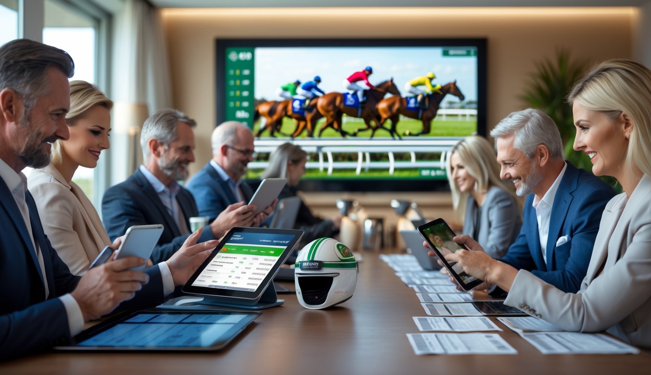 Sekelompok orang sedang menggunakan perangkat digital untuk melihat data dan peluang balap kuda di sebuah ruangan terang dengan layar besar menampilkan balapan kuda secara langsung.