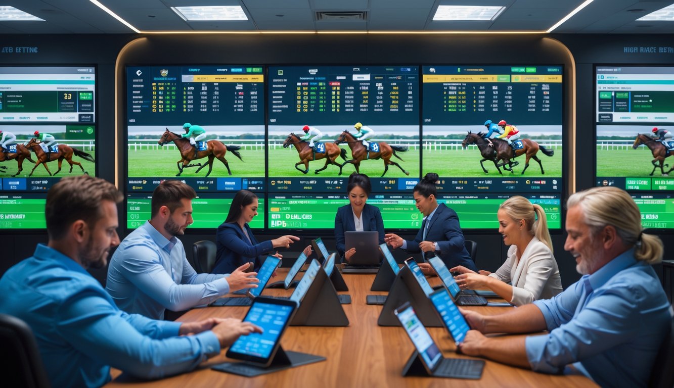 Sejumlah orang sedang memasang taruhan balap kuda di sebuah kantor taruhan modern dengan layar digital besar yang menampilkan perlombaan kuda secara langsung.