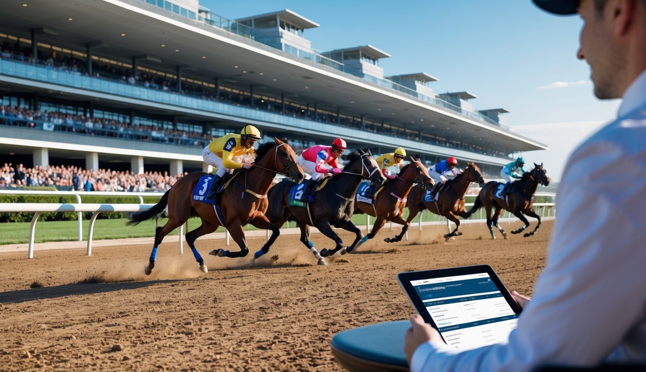 Beberapa kuda pacu dengan joki berwarna-warni sedang berlari di lintasan balap, dengan penonton di tribun dan seorang petaruh yang melihat layar tablet.