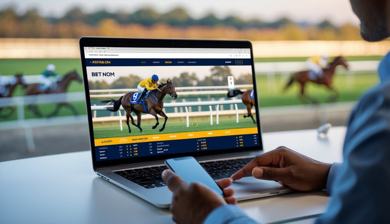 Seseorang menggunakan laptop dan ponsel untuk memasang taruhan balap kuda secara online di meja yang rapi dengan latar belakang lintasan balap dan kuda yang sedang berlari.