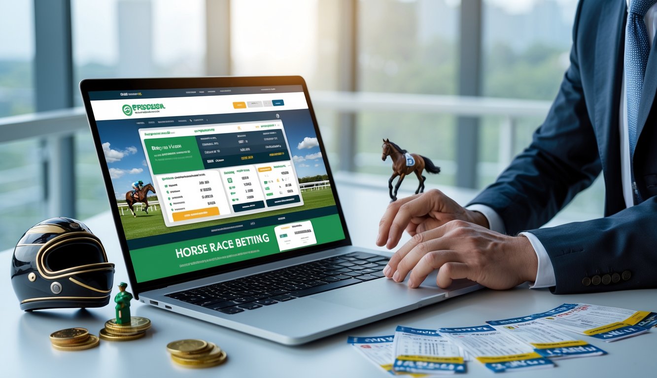 Seorang profesional menggunakan laptop di meja kerja dengan perlengkapan terkait balap kuda di sekitarnya, menunjukkan sistem taruhan balap kuda online yang aman dan praktis.