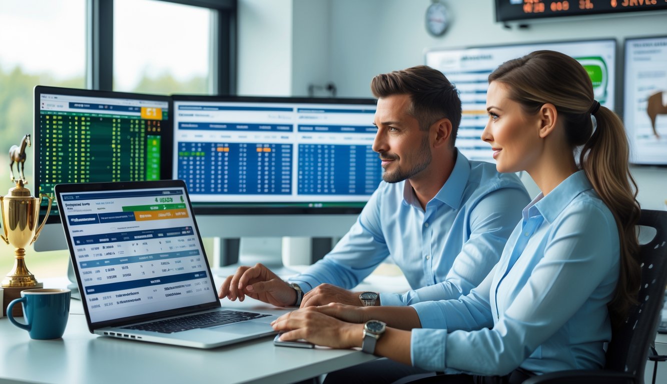 Seorang pria dan wanita sedang duduk di meja kantor modern, menganalisis data balap kuda di laptop dan layar komputer.