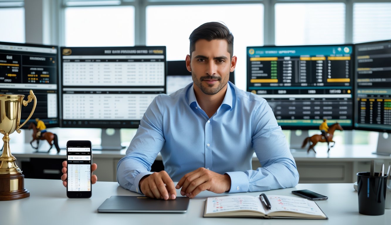 Seorang pria duduk di meja kerja dengan beberapa layar yang menampilkan data dan informasi balap kuda, sedang menganalisis untuk memilih agen judi balap kuda terbaik.