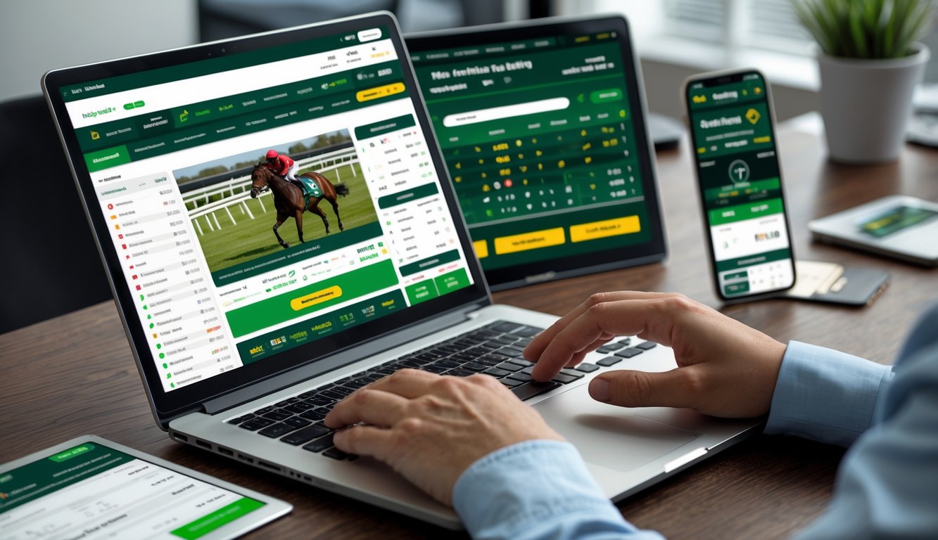 Orang menggunakan laptop untuk memasang taruhan balap kuda secara online di meja kerja yang rapi.