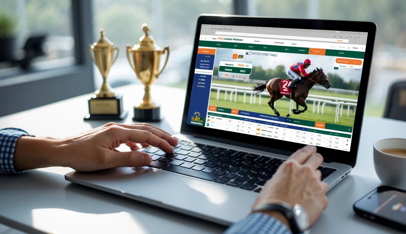 Seorang individu menggunakan laptop untuk memasang taruhan balap kuda secara online di sebuah meja kerja yang rapi.
