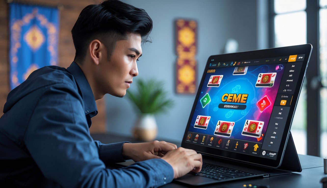 Seorang dewasa muda fokus bermain permainan kartu Ceme secara online di depan laptop dengan latar belakang ruangan yang rapi dan pencahayaan terang.