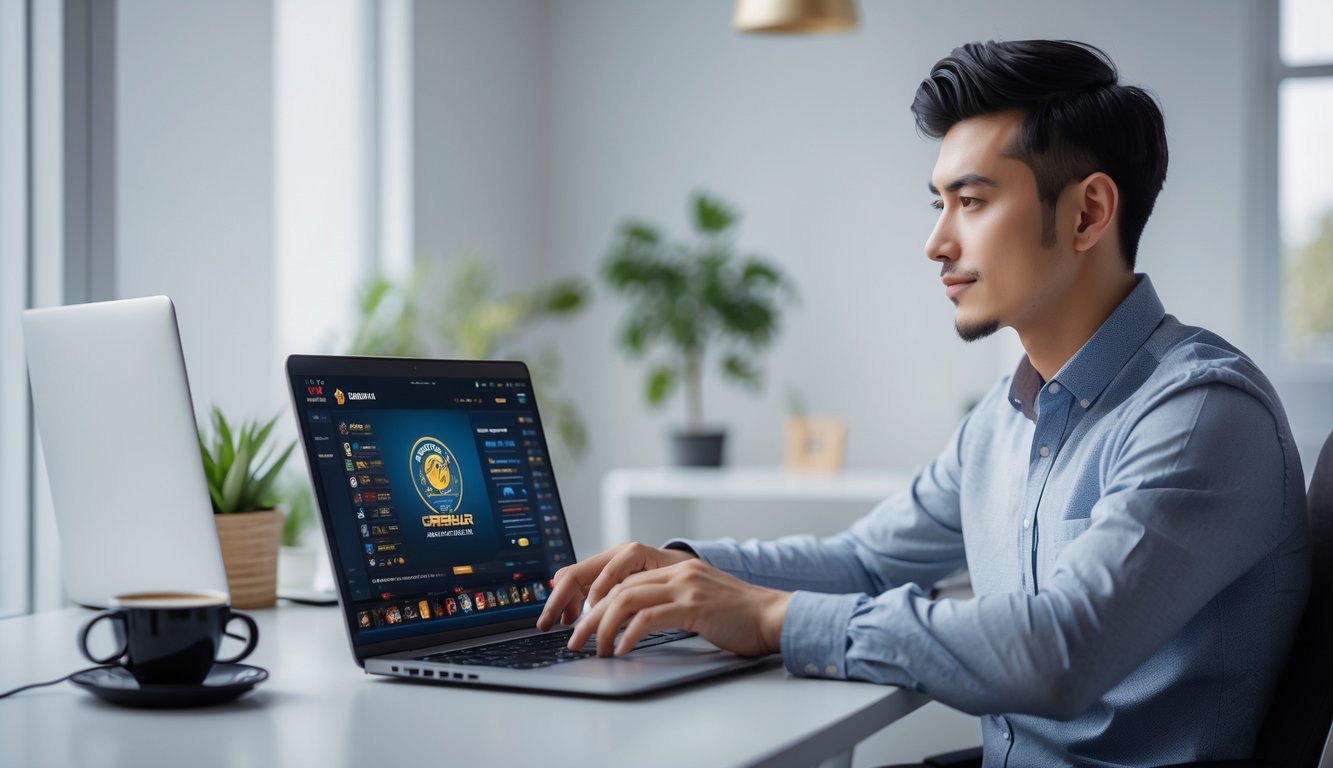 Seorang pria muda duduk di depan laptop di ruang kerja rumah yang rapi, terlihat fokus bermain permainan online Ceme.