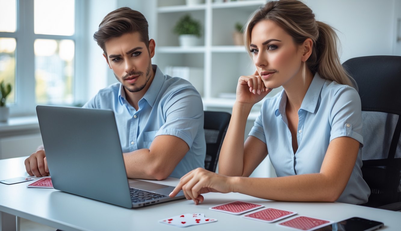 Dua orang muda sedang duduk di meja dengan laptop, fokus bermain permainan kartu online di ruang kerja yang terang dan rapi.