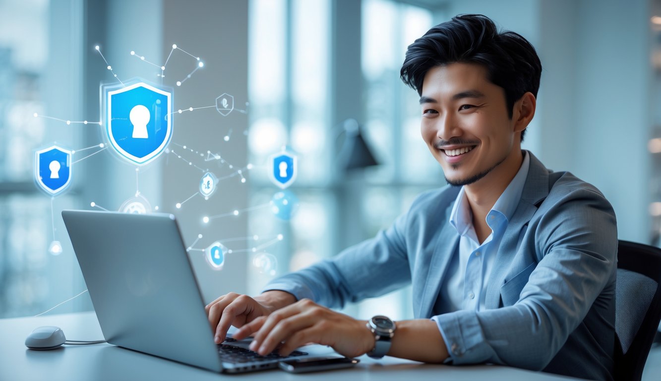 Seorang pria muda tersenyum duduk di depan laptop dan ponsel di kantor modern dengan latar belakang elemen digital yang menunjukkan sistem pembayaran cepat dan aman.